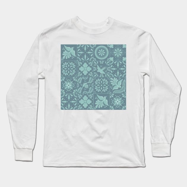 Mexican Pale Turquoise Talavera Tile Pattern by Akbaly Long Sleeve T-Shirt by Akbaly